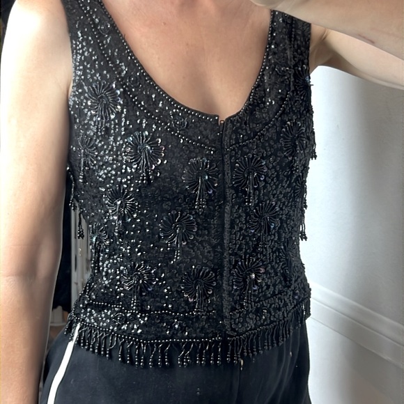 Vintage 60s Vest Top sequins hand beaded Sz. M zip up sleeveless fitted wool - Picture 9 of 14